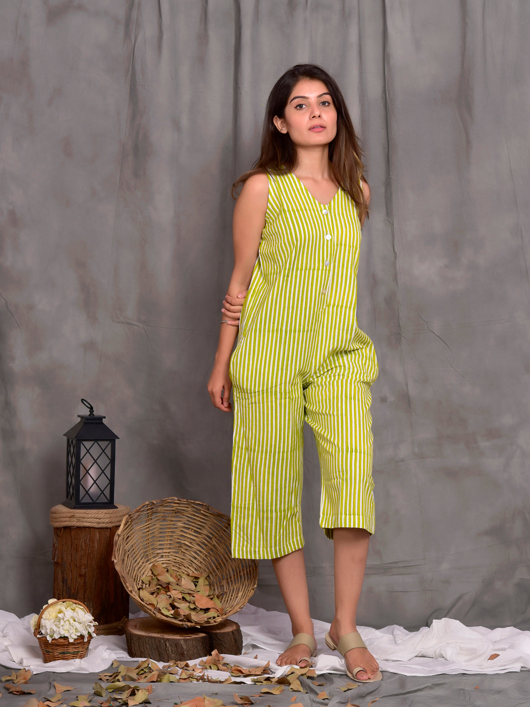 Stripes Dungarees and Jacket set Green