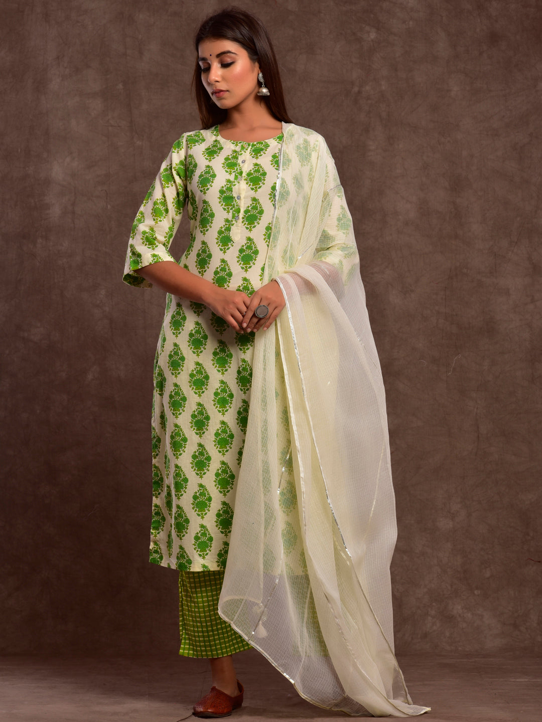 Cotton Mahin Boota Kurta Set Green