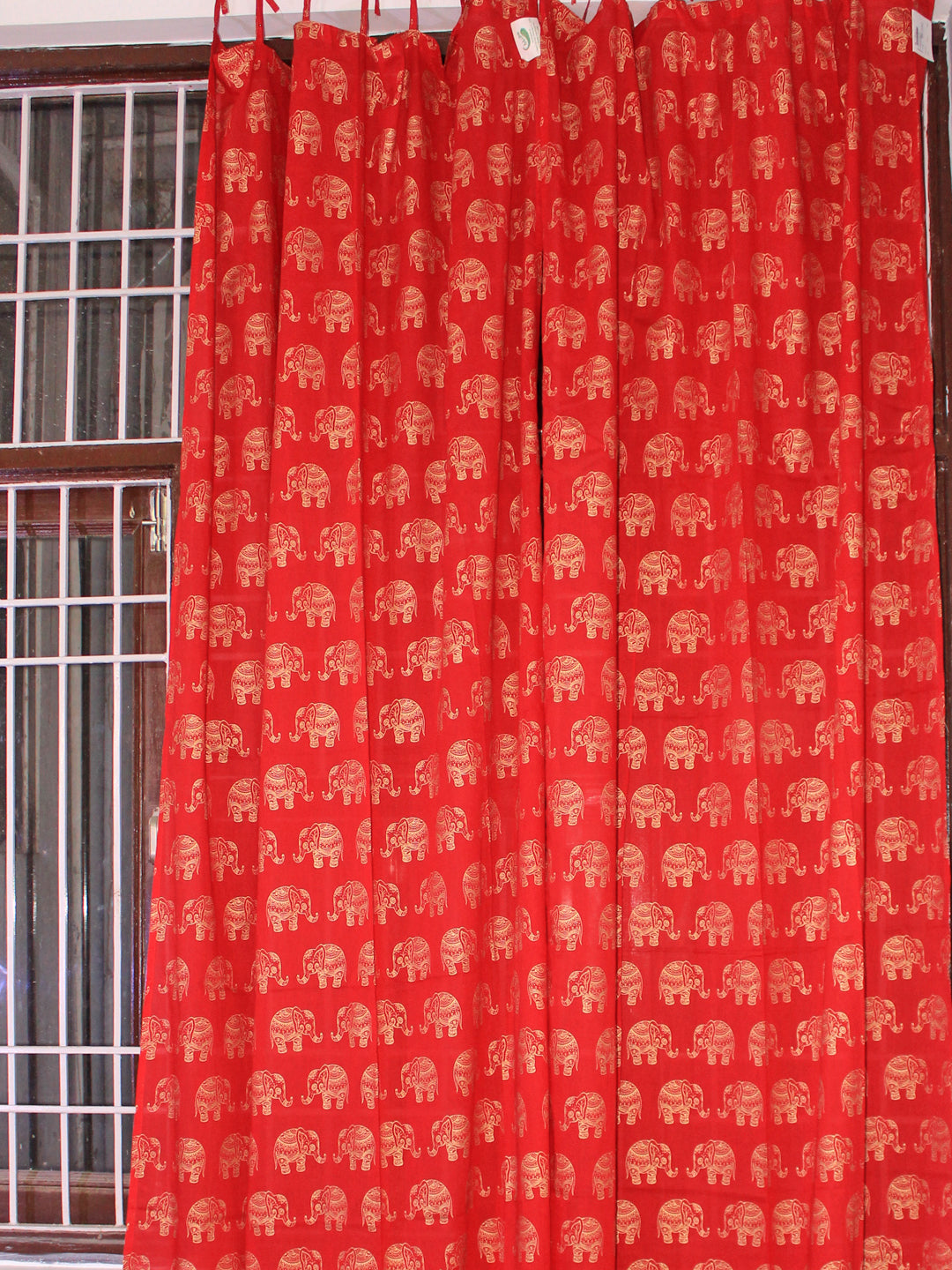 Curtain Gold Elephant Hand Block Print in Red