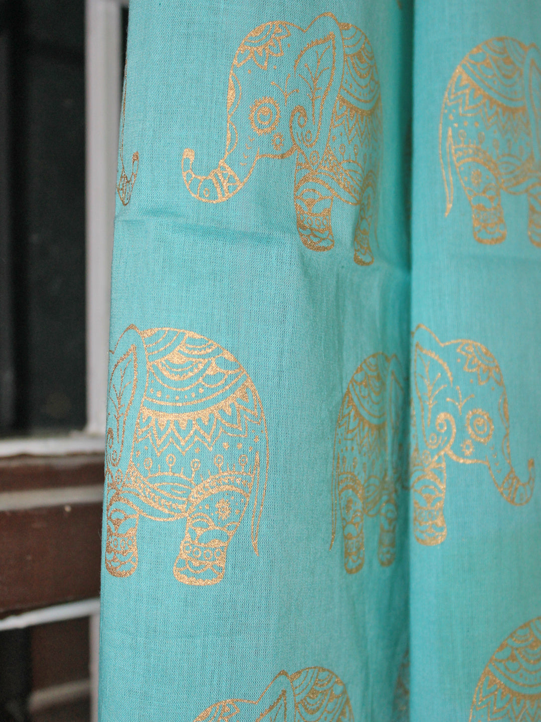 Curtain Gold Elephant Hand Block Print in Sea Green