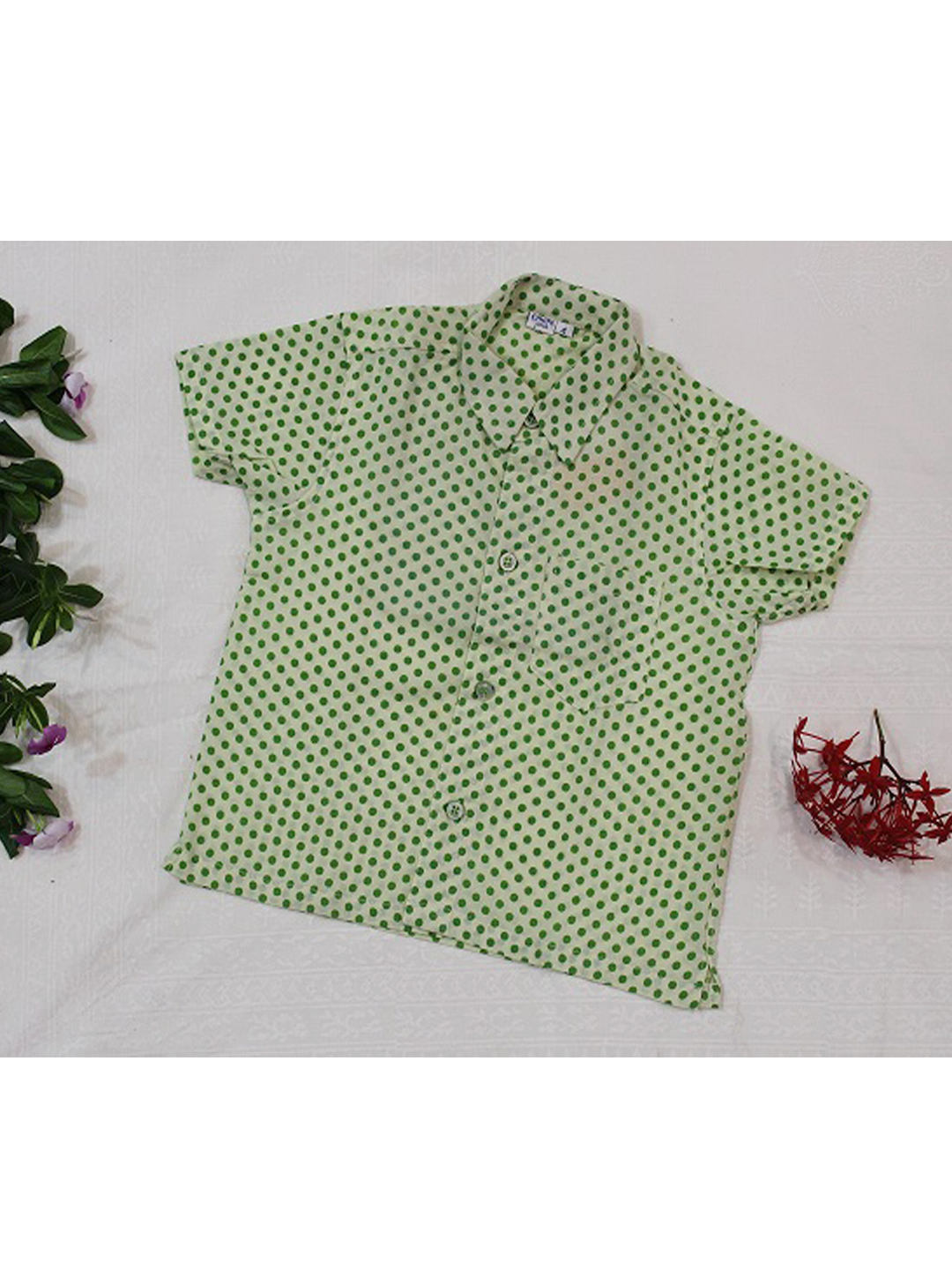Green Polka Dots Short Sleeves Shirt