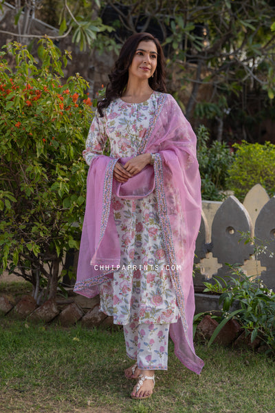 Cotton Block Printed Suit Set in Candy Pink (Set of 3)