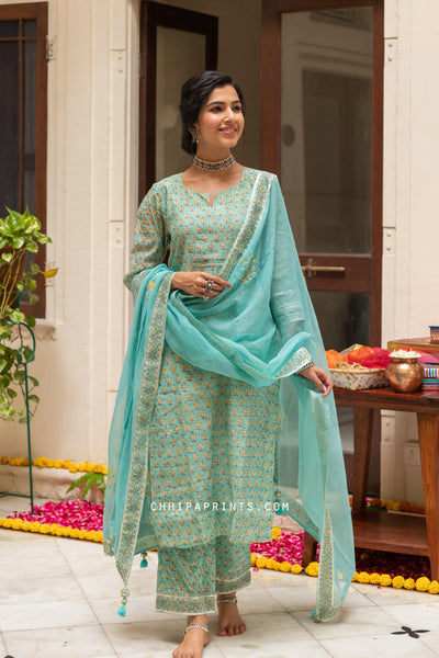 Chanderi Silk Gud Buti Suit Set in Aqua Sky