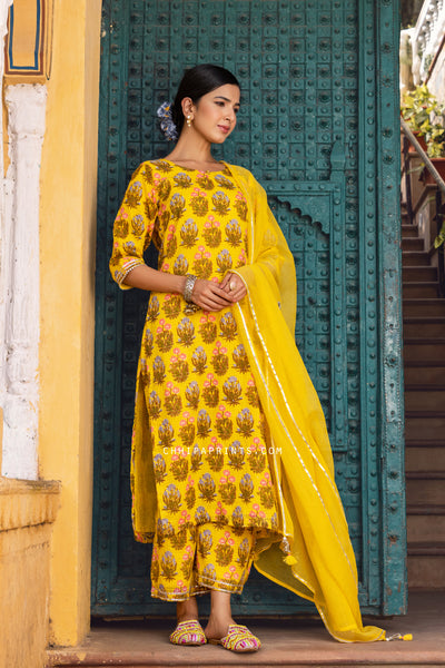 Cotton Buta Print Suit Set in Yellow from Sawan Collection