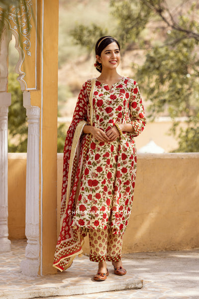 Cotton Dobby Jaal Print Gather Suit Set in Red
