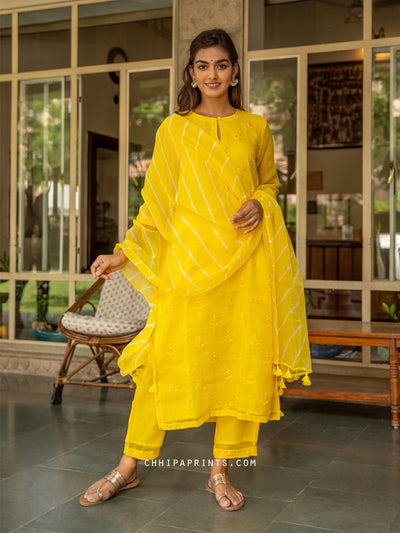 Cotton Kota Doria Booti Embroidary Suit Set in Solar Yellow