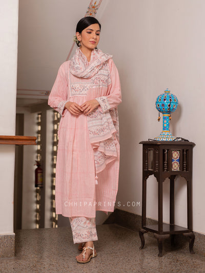 Cotton Stripes Border Yoke Kurta Suit Set Pink