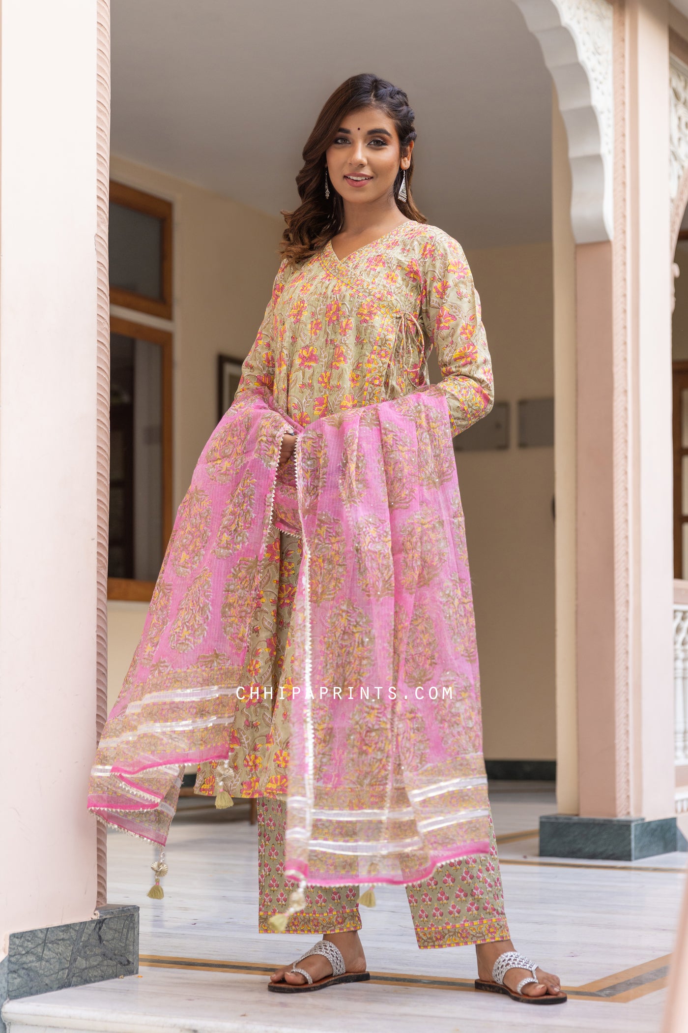 Cotton Gud Jaal Angrakha Suit Set in Sage Green