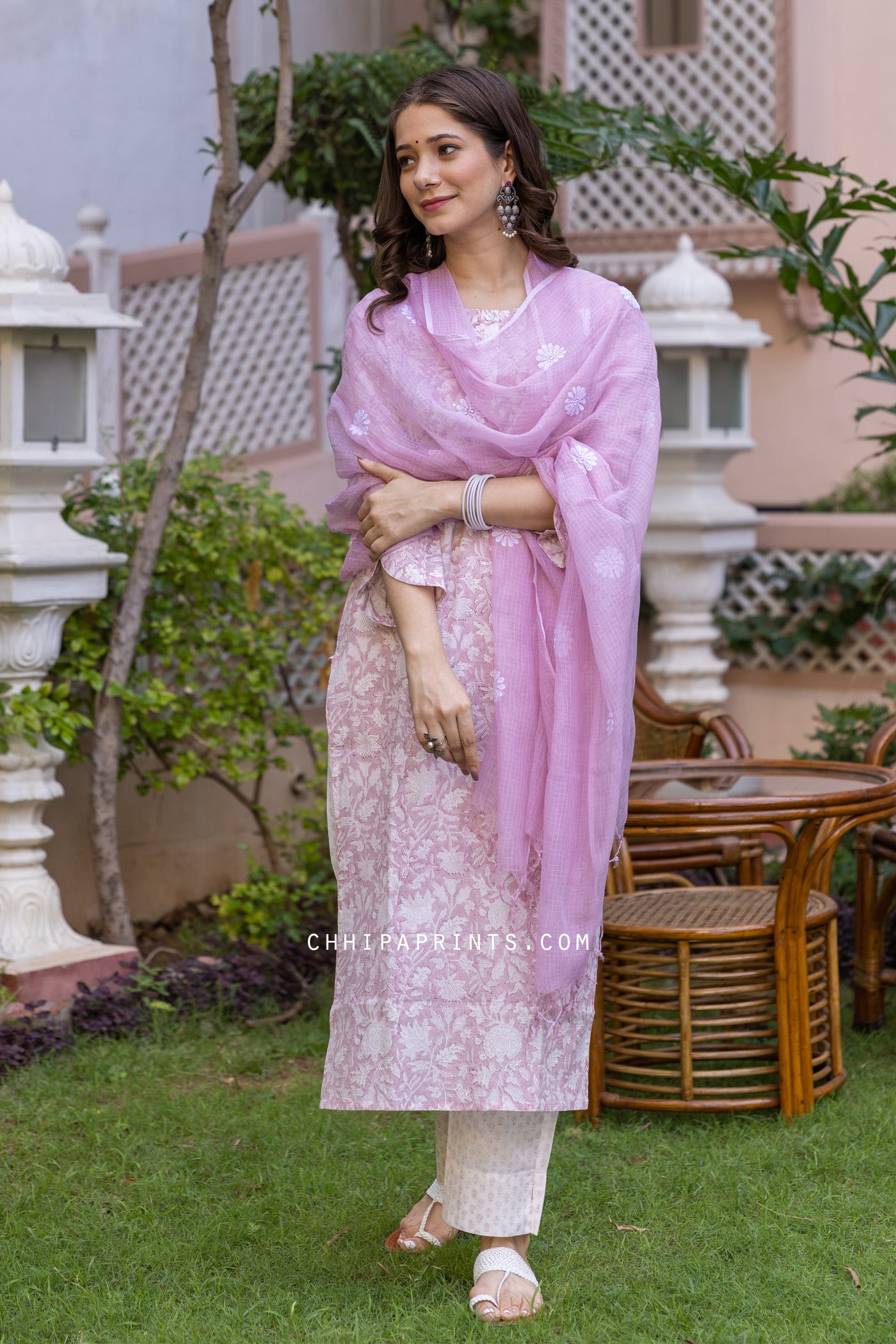 Cotton Gud Rekh Jaal Suit Set in Lilac Snow