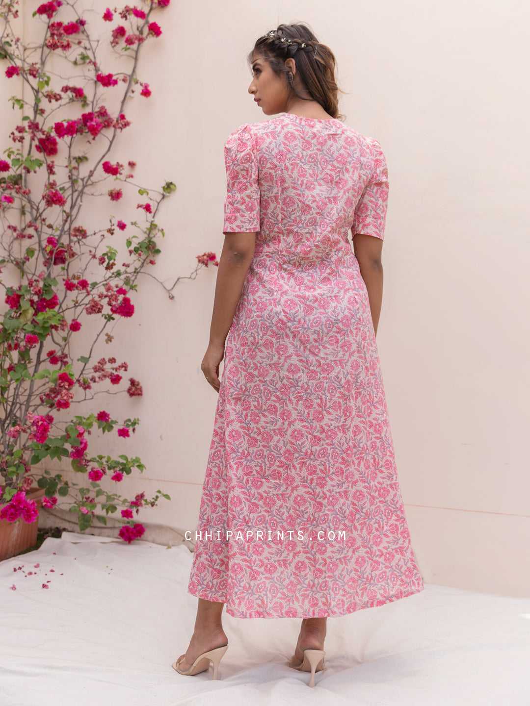 Cotton Jaal Print Knot Dress in Powder Pink