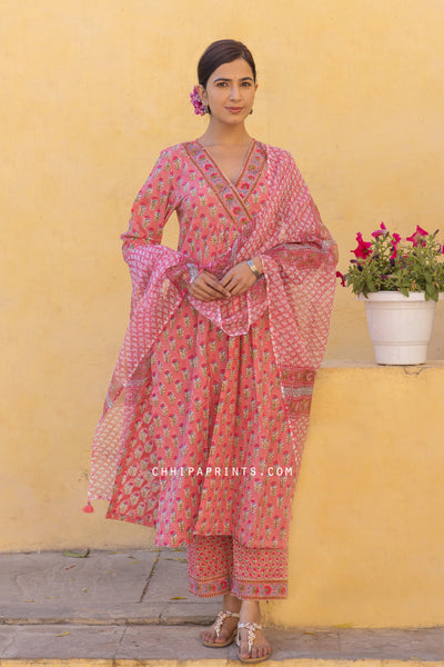 Cotton Gud Buti Suit Set from Gulnaar Collection in Chestnut Rose (Set of 3)