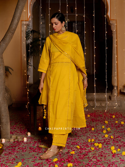 Cotton Shell Tuck Katha Sitara Suit Set in Solar Yellow