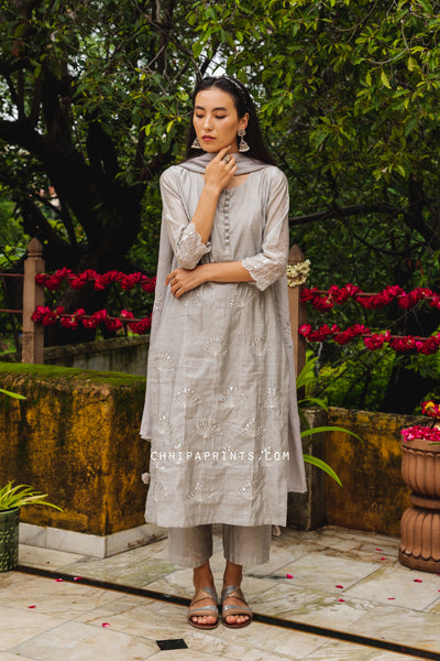 Chanderi Silk Sequin Work Suit Set in Steel Grey
