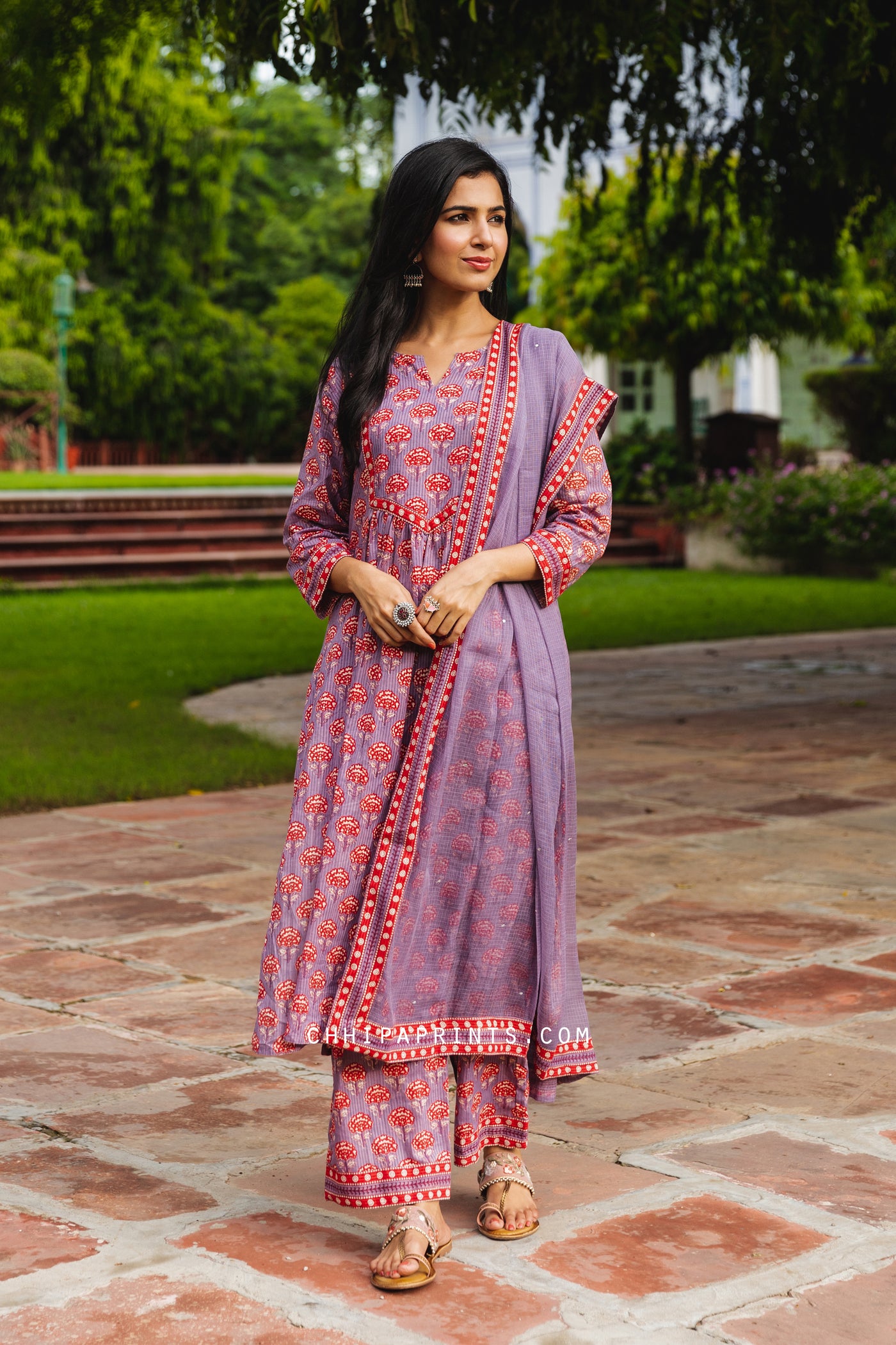 Cotton Marigold Buti Print Suit Set in Shades of Gray & Red