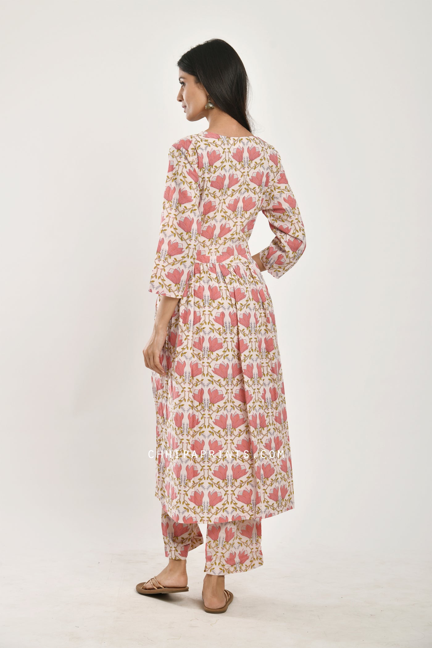 Cotton Jaal Print Kurta Palazzo Co Ord Set in Baby Pink