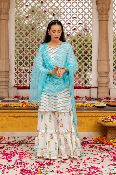 Cotton Mughal Print Gharara Set in Pacific Blue