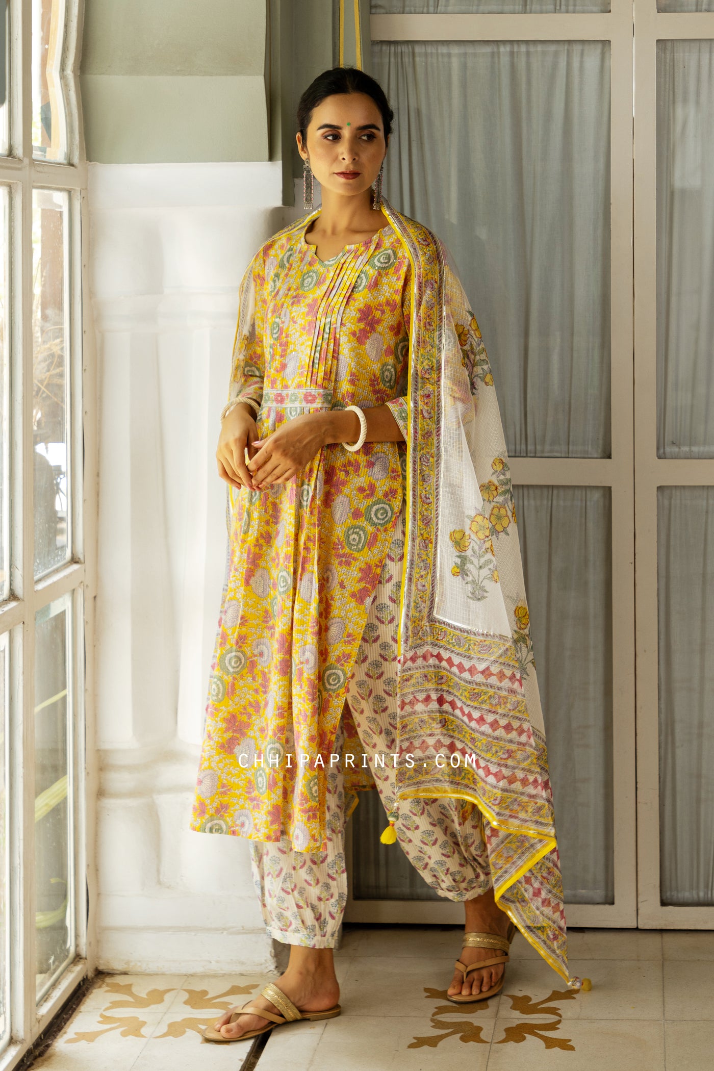 Cotton Shell Tuck Mughal Print Suit Set in Yellow