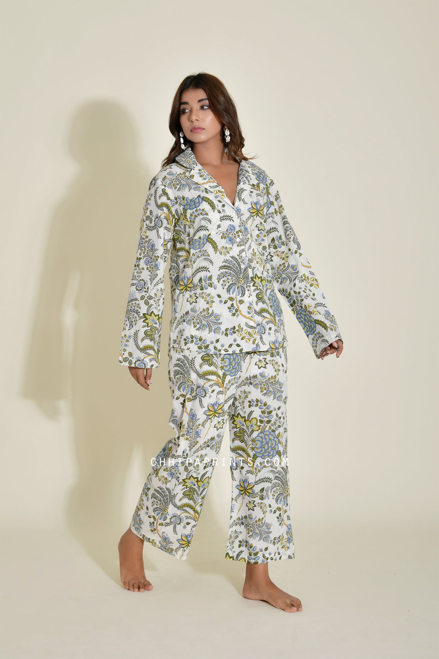 Cotton Big Flower Shirt Pant Co Ord Set in Blue