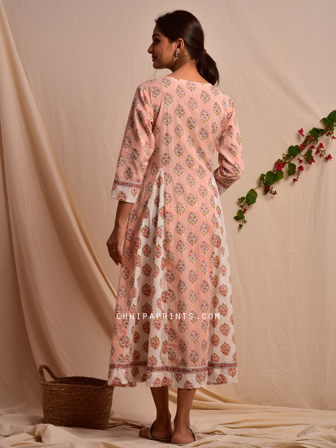 Cotton Kalidar Dress in Peach Buti