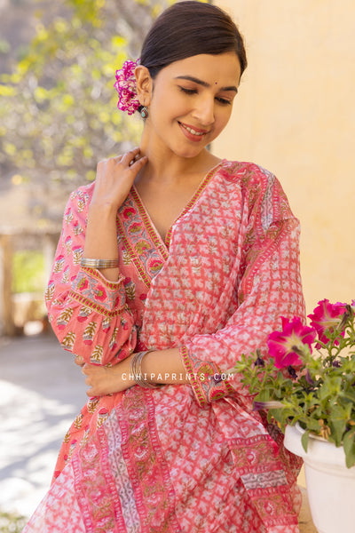Cotton Gud Buti Suit Set from Gulnaar Collection in Chestnut Rose (Set of 3)