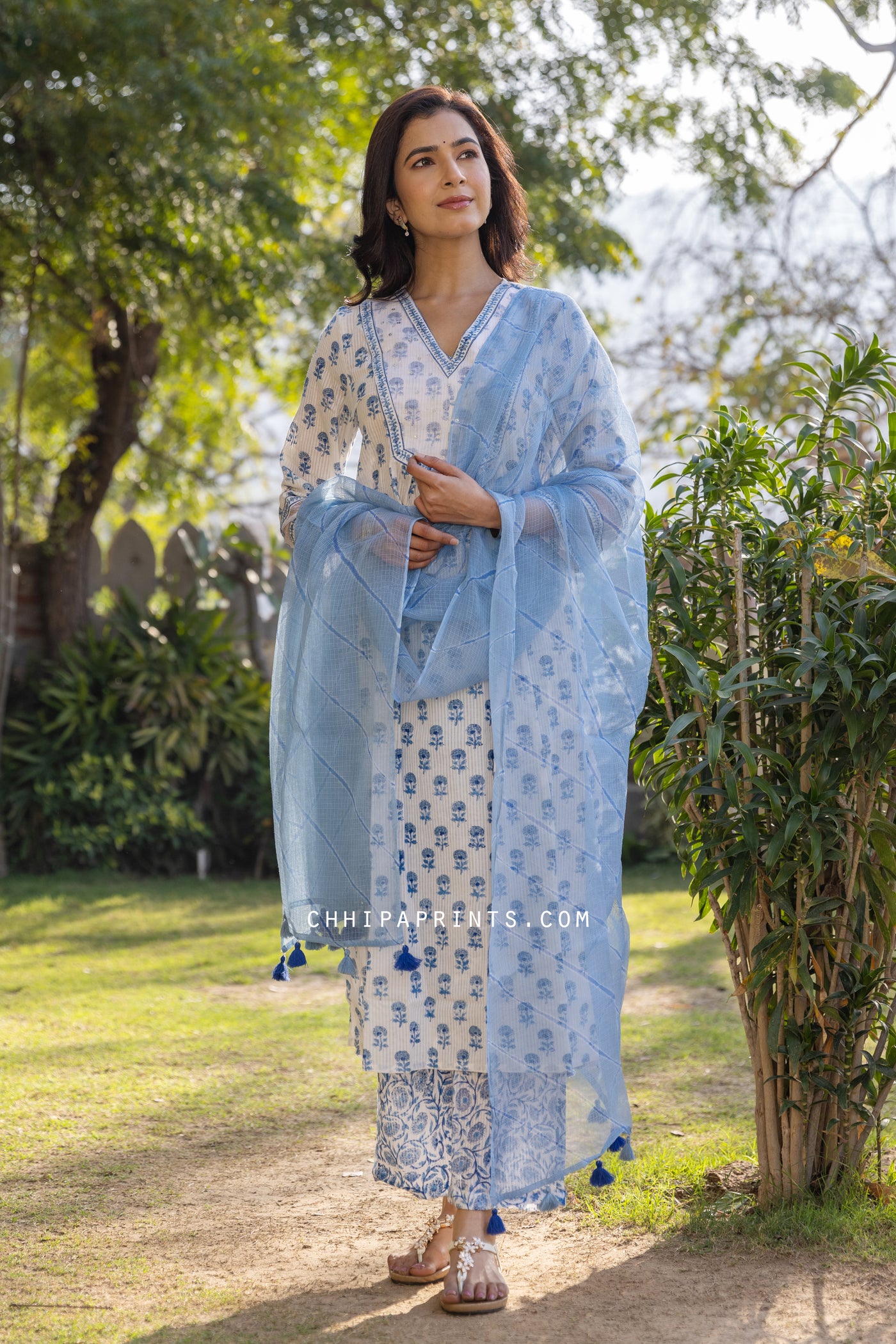 Cotton Block Print Poppy Buti Suit Set in Blue (Set of 3)