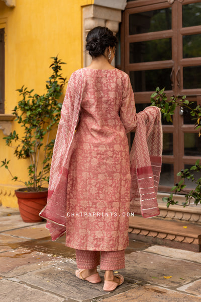 Chanderi Silk Jaal Print Suit Set in Dusty Pink