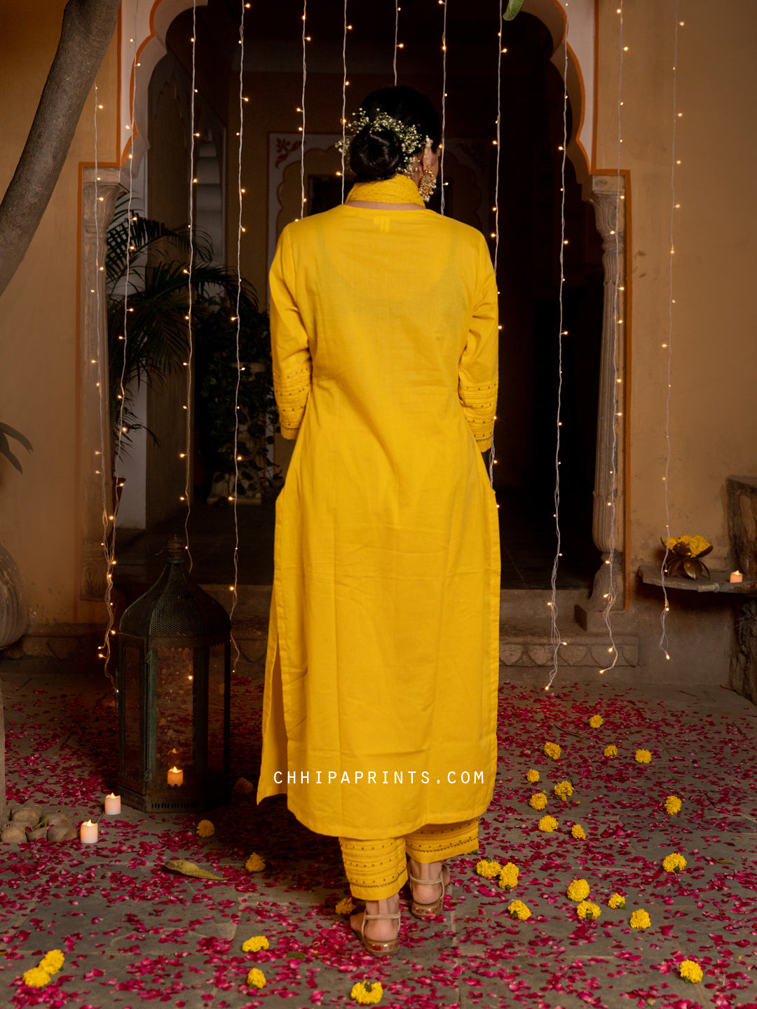 Cotton Shell Tuck Katha Sitara Suit Set in Solar Yellow
