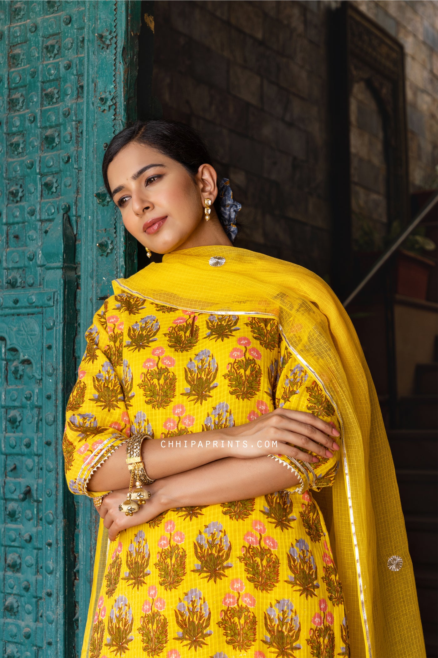 Cotton Buta Print Suit Set in Yellow from Sawan Collection