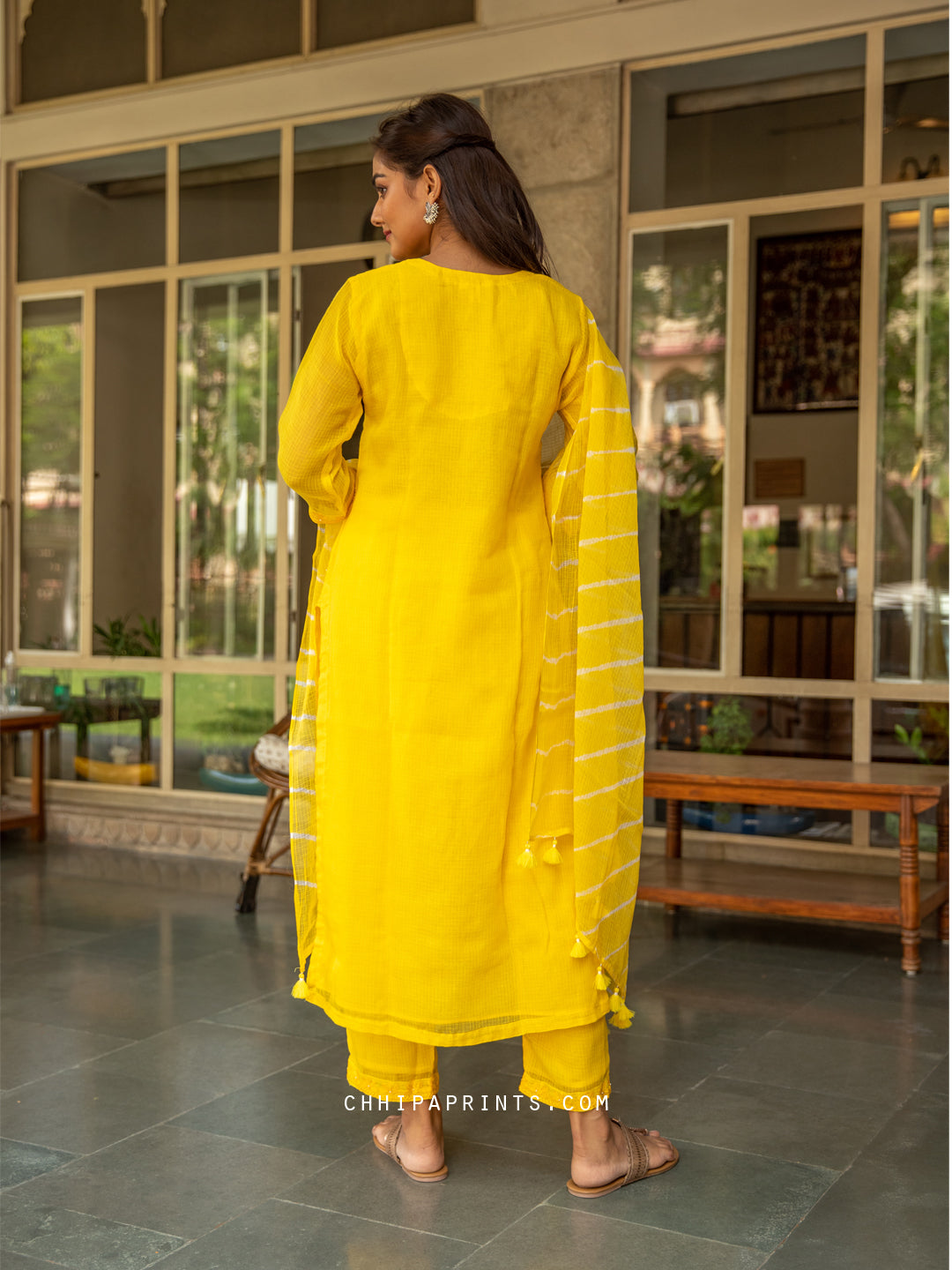 Cotton Kota Doria Booti Embroidary Suit Set in Solar Yellow