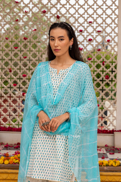 Cotton Mughal Print Gharara Set in Pacific Blue