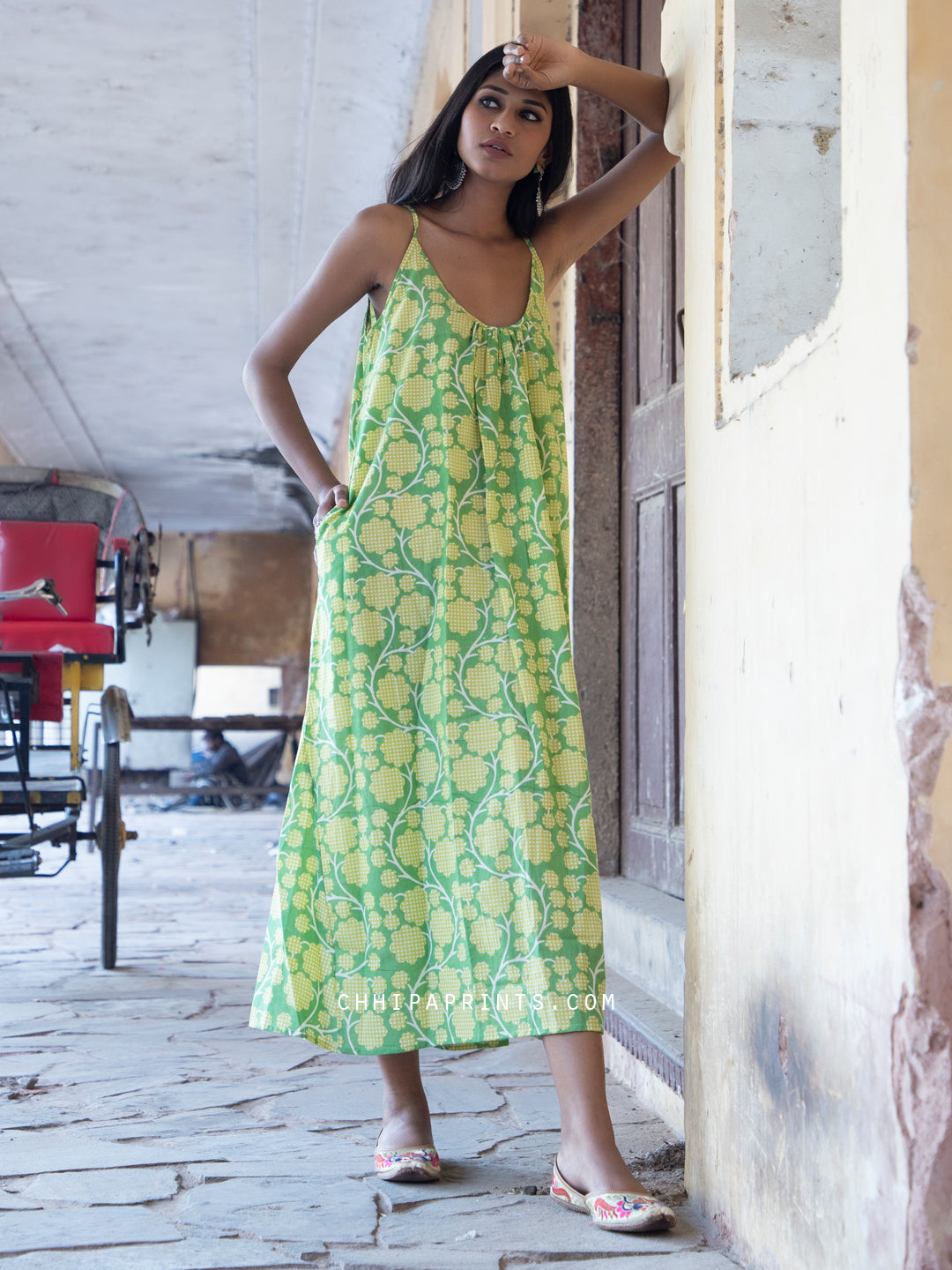 Cotton Morea Sun Dress in Green Jaal Print