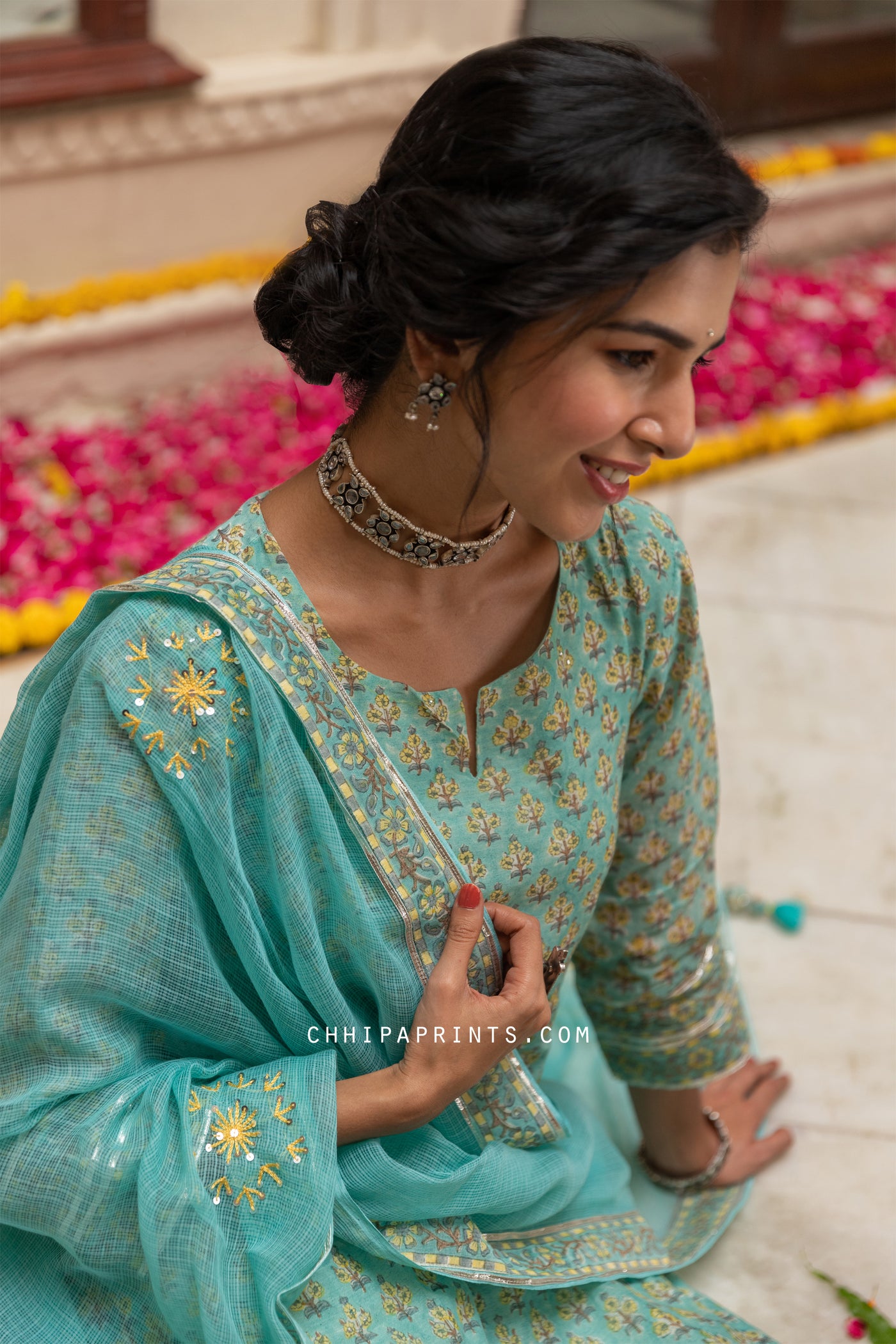 Chanderi Silk Gud Buti Suit Set in Aqua Sky