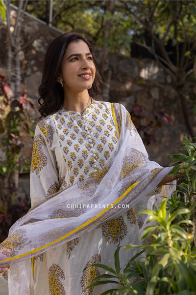 Cotton Block Print Buti Yoke Kurta Set in Yellow (Set of 3)