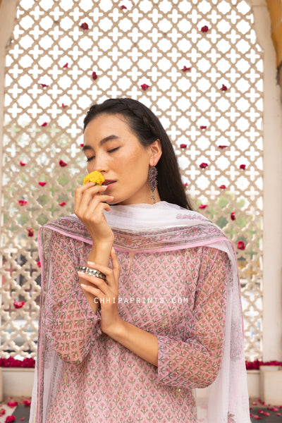 Kota Doria Buti Print Gota Patti Suit Set in Coral Blush