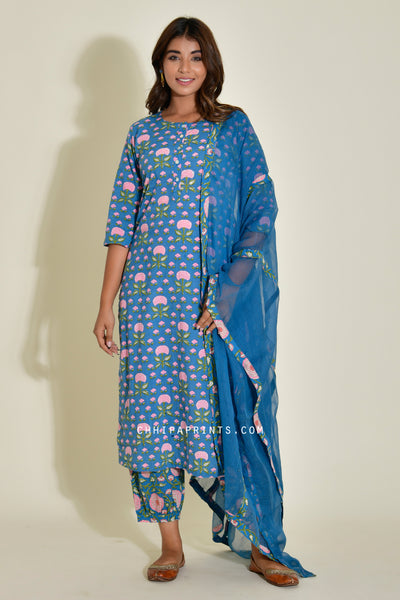 Cotton Mughal Buti Suit Set in Shades of Blue