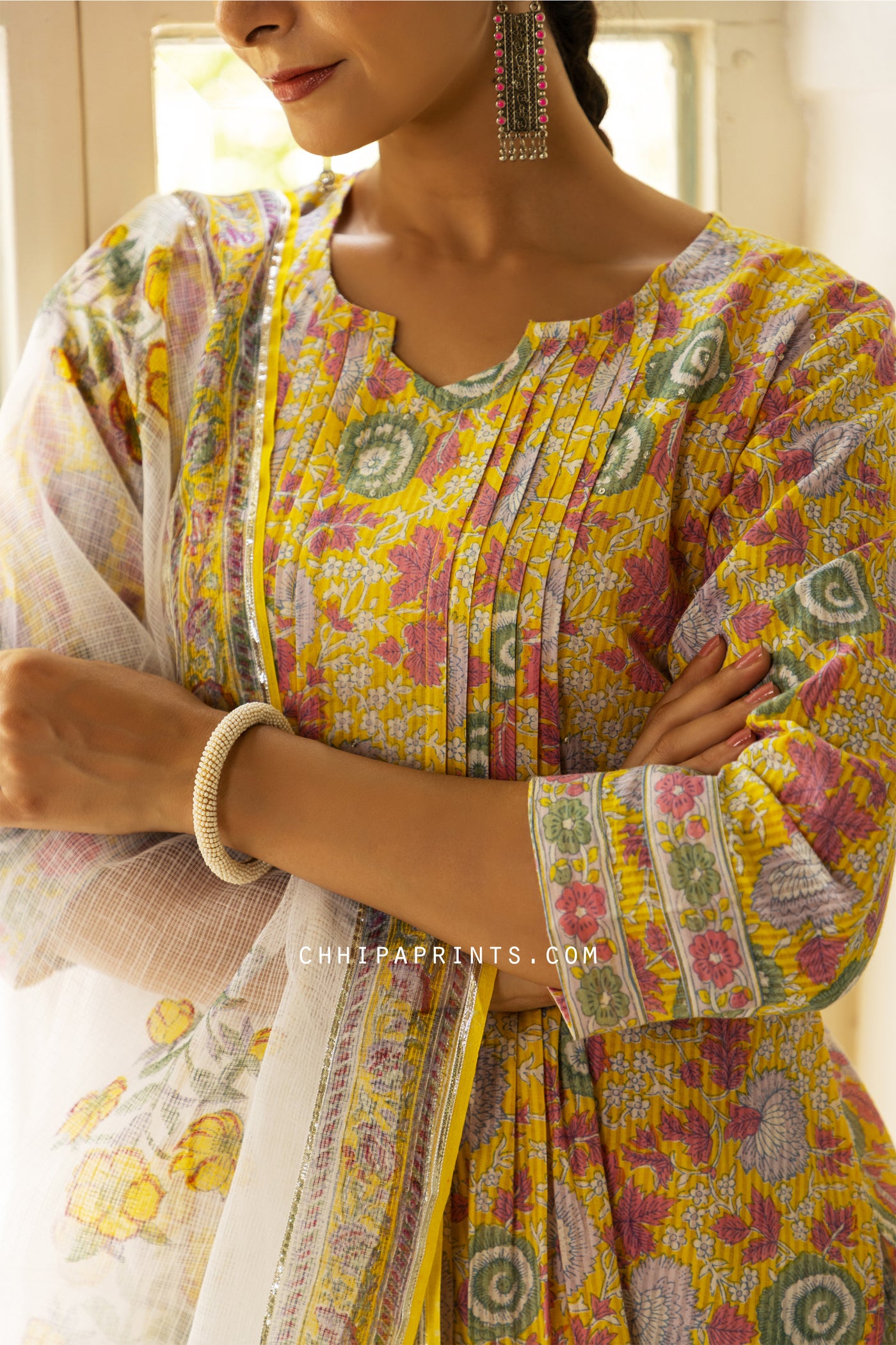 Cotton Shell Tuck Mughal Print Suit Set in Yellow