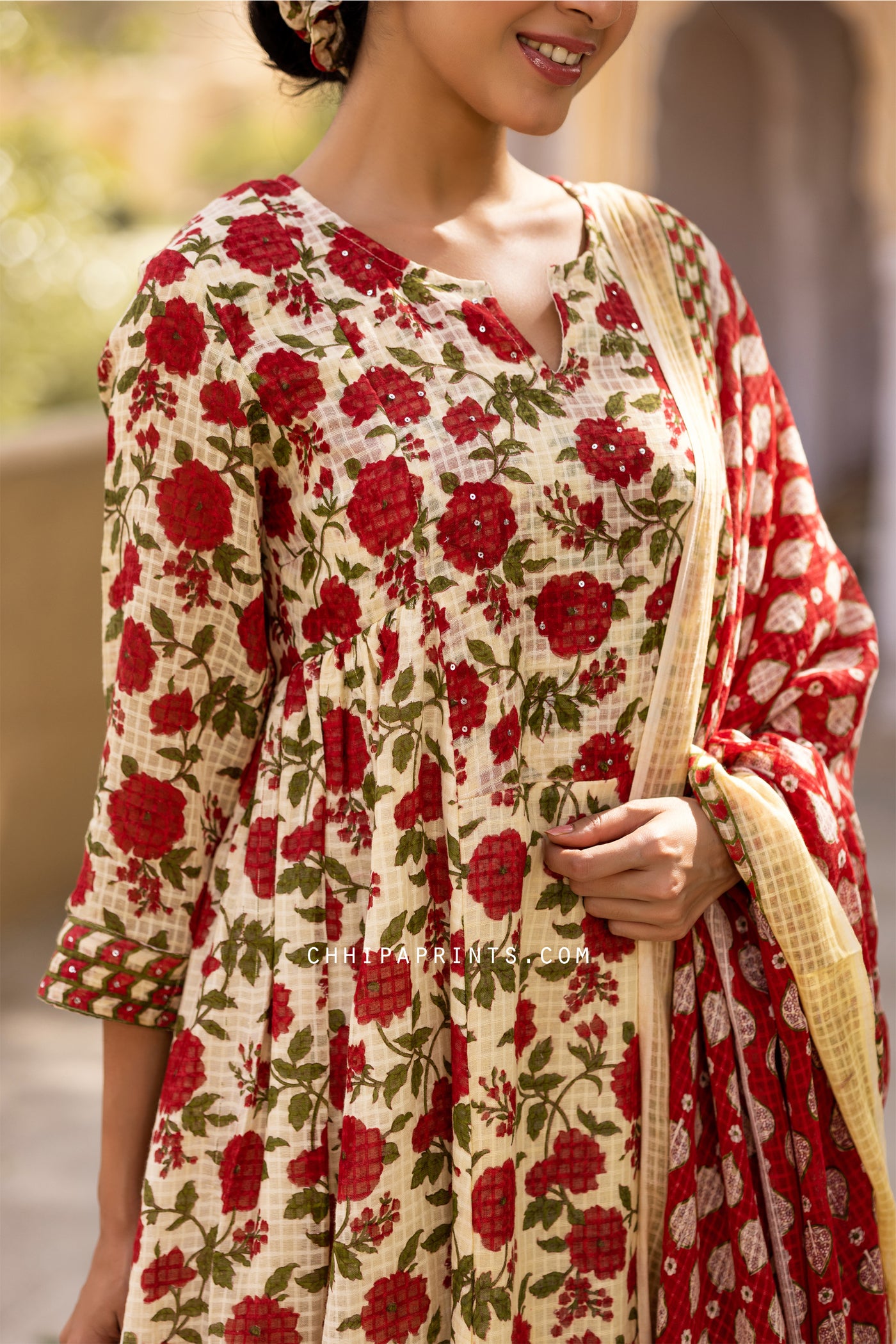 Cotton Dobby Jaal Print Gather Suit Set in Red