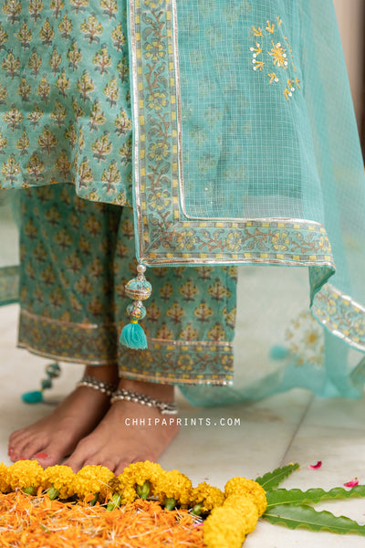 Chanderi Silk Gud Buti Suit Set in Aqua Sky