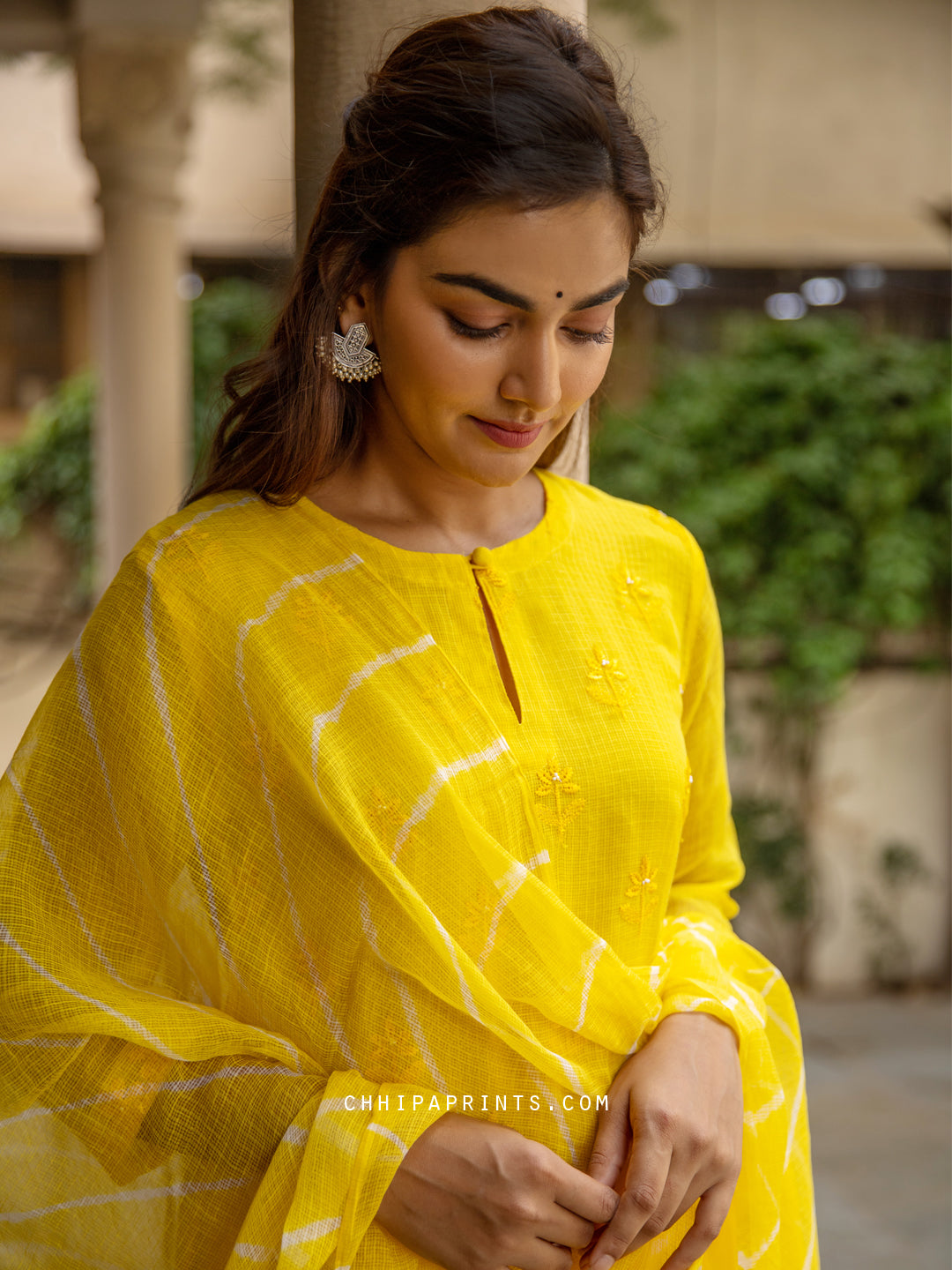 Cotton Kota Doria Booti Embroidary Suit Set in Solar Yellow