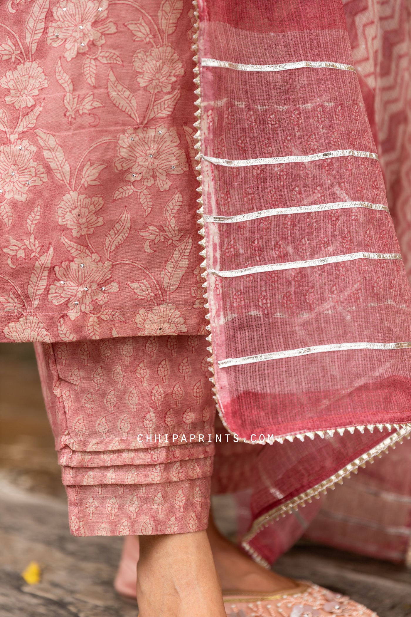 Chanderi Silk Jaal Print Suit Set in Dusty Pink