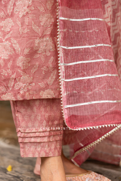 Chanderi Silk Jaal Print Suit Set in Dusty Pink