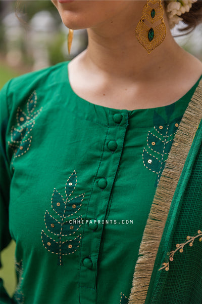 Cotton Buta Print Suit Set from Utsav Collection in Bottle Green