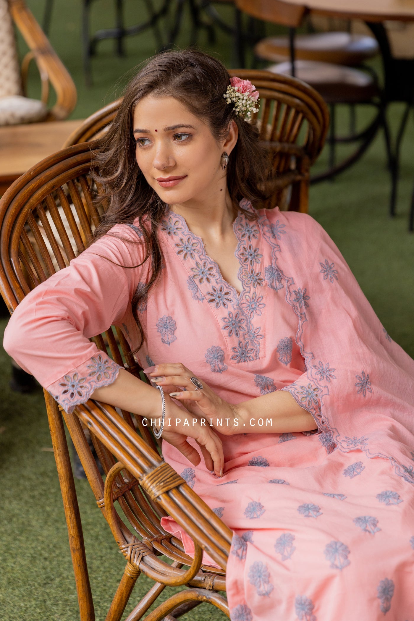 Cotton Cutwork Embroidery Suit Set in Baby Pink