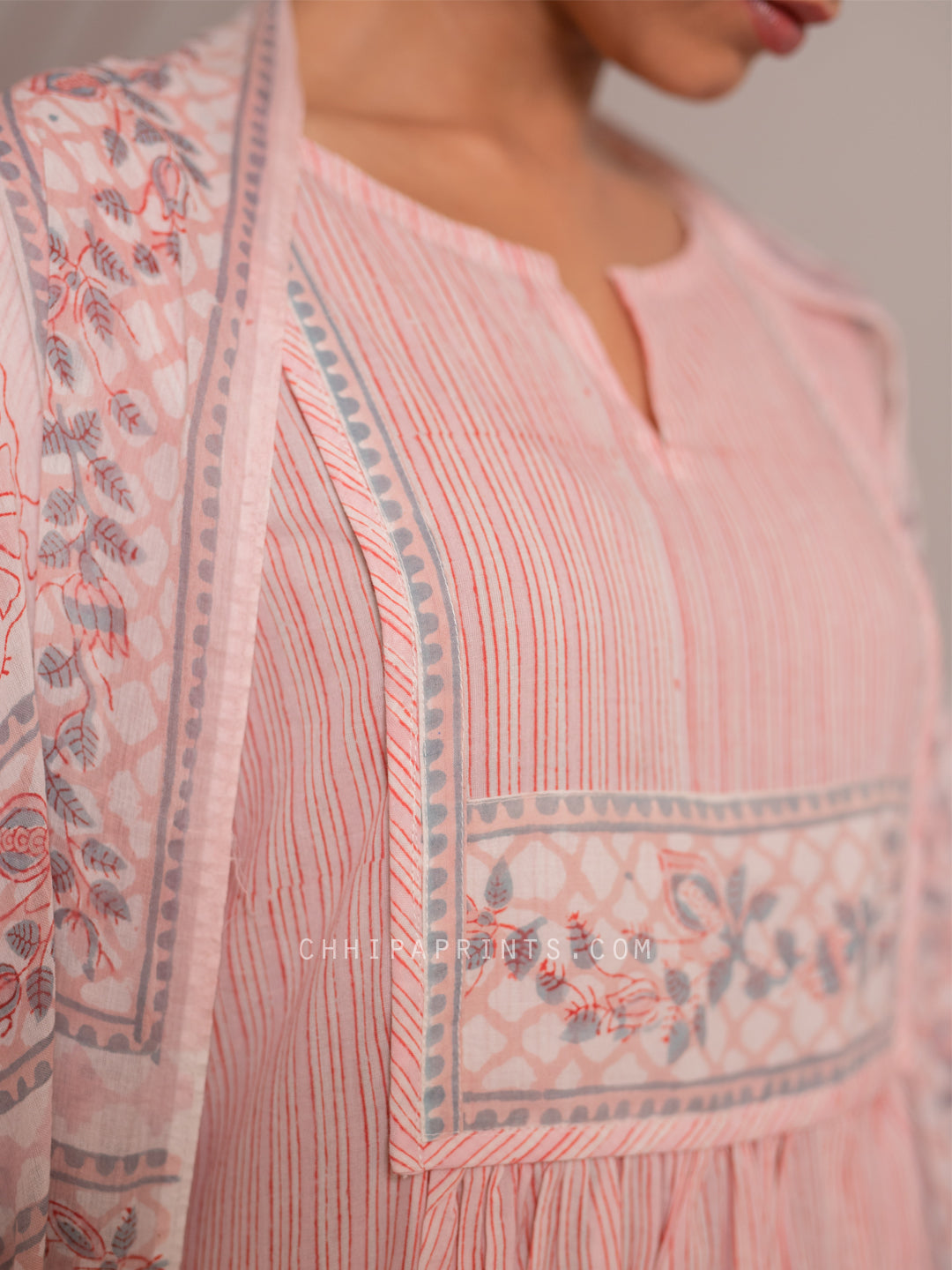 Cotton Stripes Border Yoke Kurta Suit Set Pink