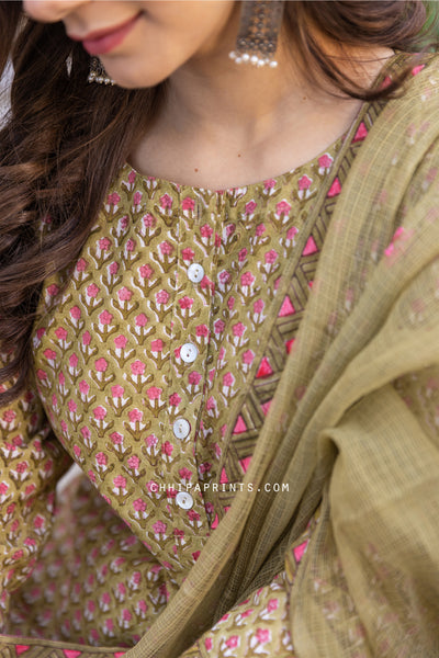 Cotton Mahin Buti Suit Set in Olive Green