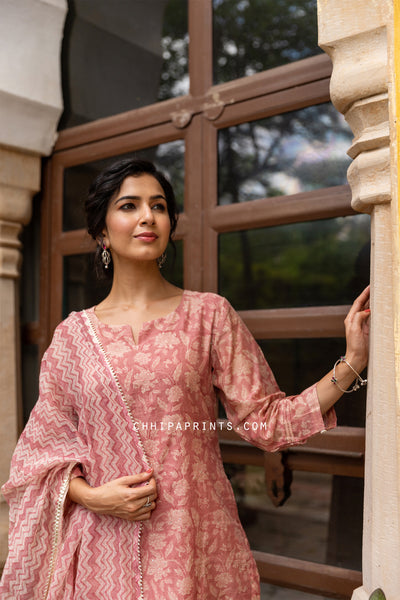 Chanderi Silk Jaal Print Suit Set in Dusty Pink