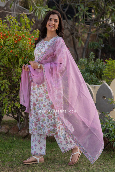 Cotton Block Printed Suit Set in Candy Pink (Set of 3)