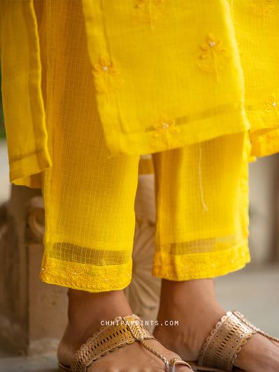 Cotton Kota Doria Booti Embroidary Suit Set in Solar Yellow