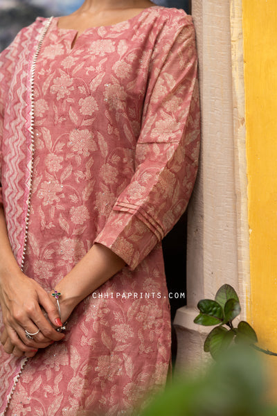 Chanderi Silk Jaal Print Suit Set in Dusty Pink
