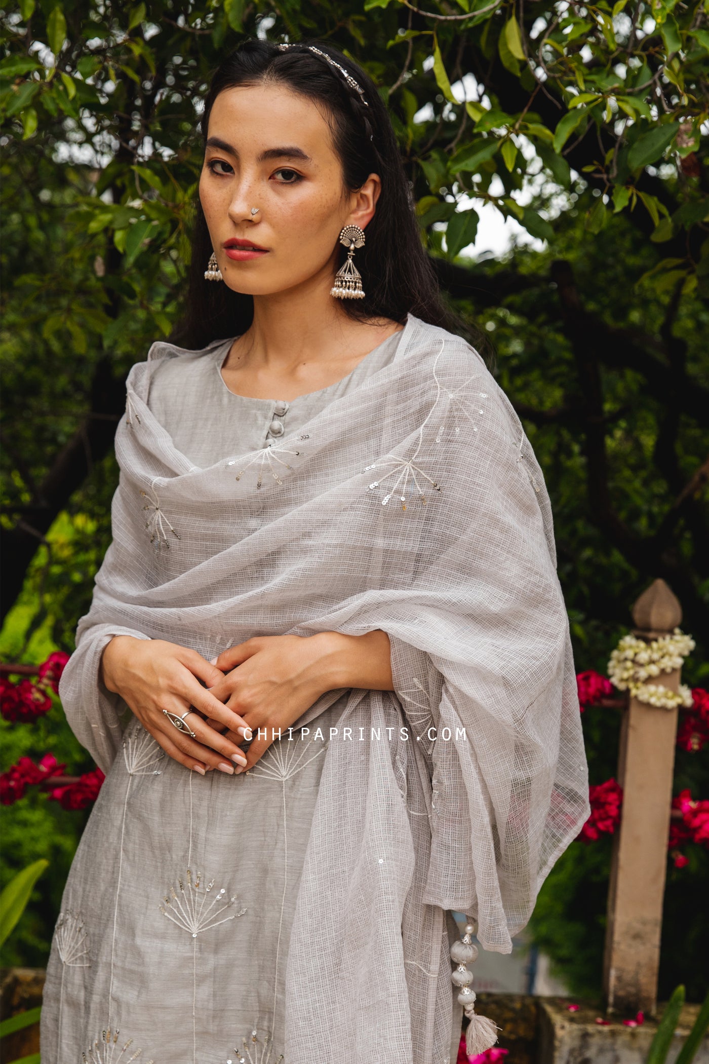 Chanderi Silk Sequin Work Suit Set in Steel Grey